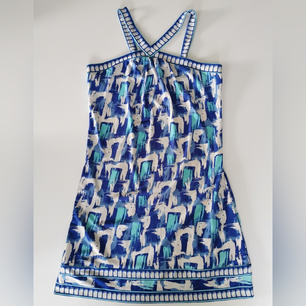 BCBGMaxAzria Blue, White & Teal Printed Mini Dress